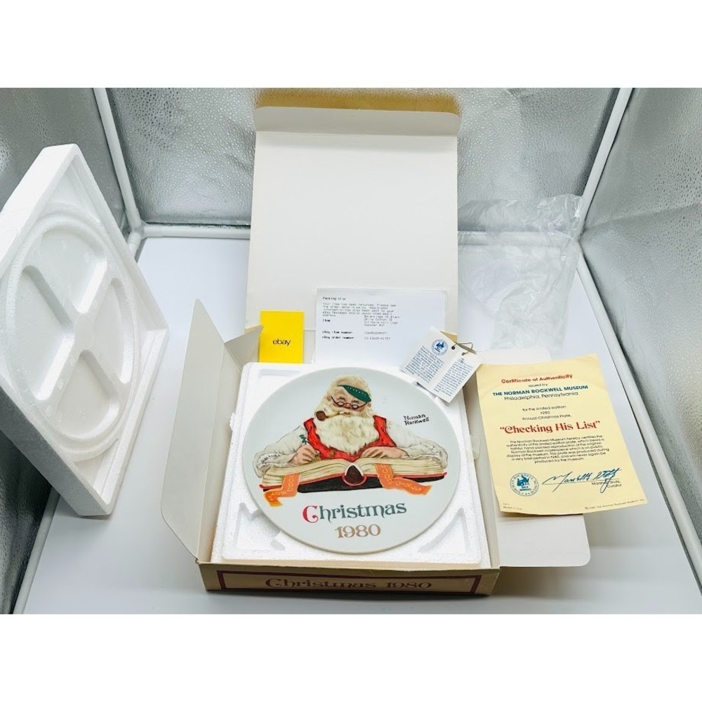 Norman Rockwell Checking His List 1980 Christmas Plate Ltd Ed Box COA Rare‎